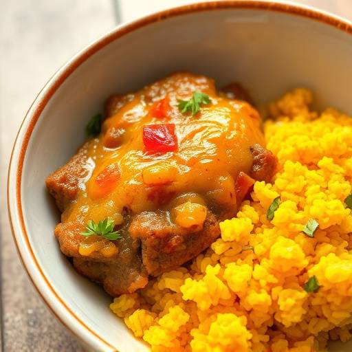 A bowl of Bobotie, a traditional South African dish, with a golden crust and served with yellow rice.