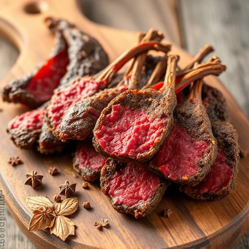 Biltong, a dried cured meat snack, arranged on a wooden cutting board with spices.