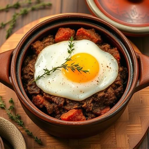 Bobotie, a spiced minced meat dish baked with an egg-based topping, served in a traditional clay pot.