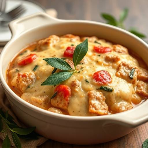 Bobotie dish served in a casserole dish, garnished with bay leaves