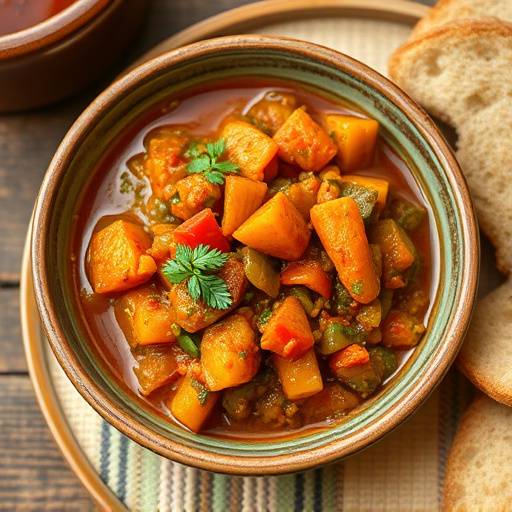 Chakalaka, a spicy vegetable relish, served in a bowl with bread on the side.