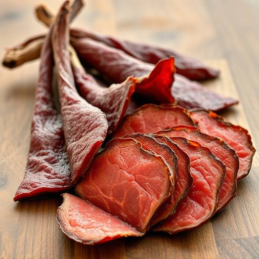 Image of Biltong, dried cured meat, sliced and ready to eat
