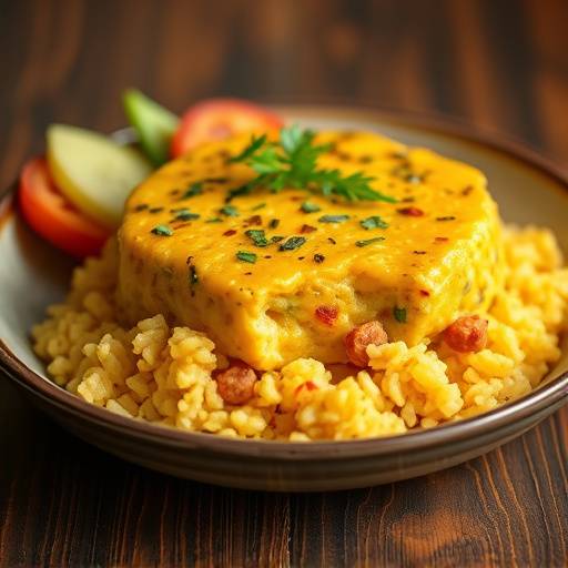 Image of Bobotie, a traditional South African dish, served with yellow rice.