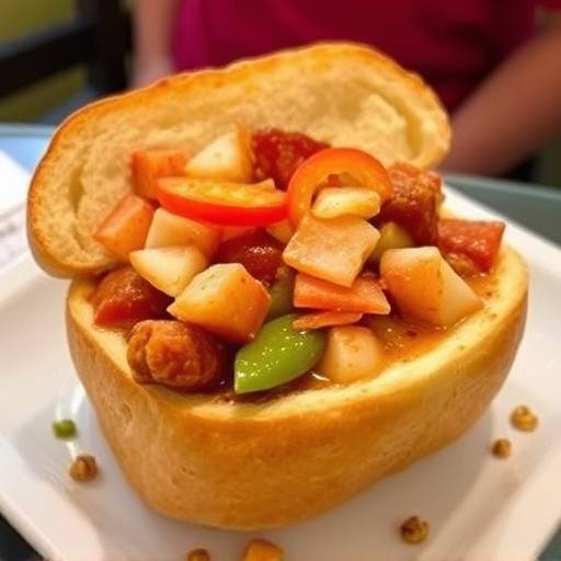 Image of Bunny Chow, a popular street food dish, served in a hollowed-out bread loaf.