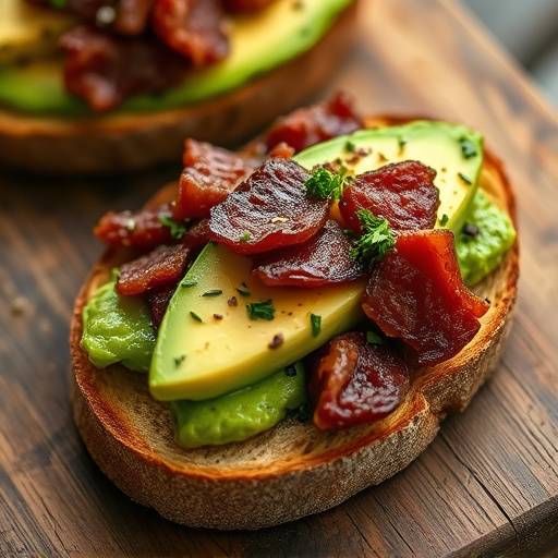 Picture of a delicious biltong and avocado toast.