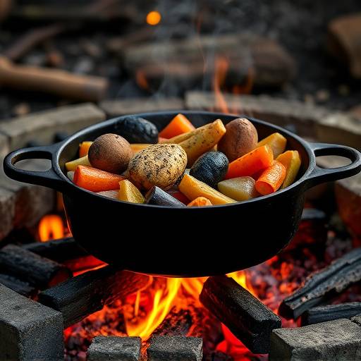 Potjiekos cooking over an open fire in a cast-iron pot