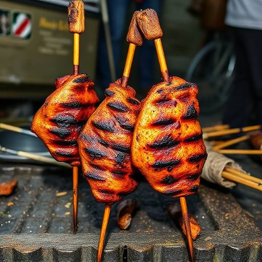 Walkie Talkies: Grilled or deep-fried chicken feet and heads, a popular street food snack.